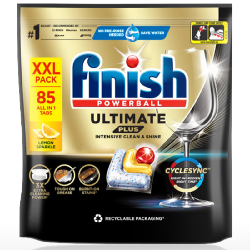 Combo 3 túi 85 viên Finish Ultimate Plus 2025 hương chanh, chuẩn châu Âu, siêu cao cấp, 14x tính năng/viên, dùng cho máy rửa chén 13-15 bộ